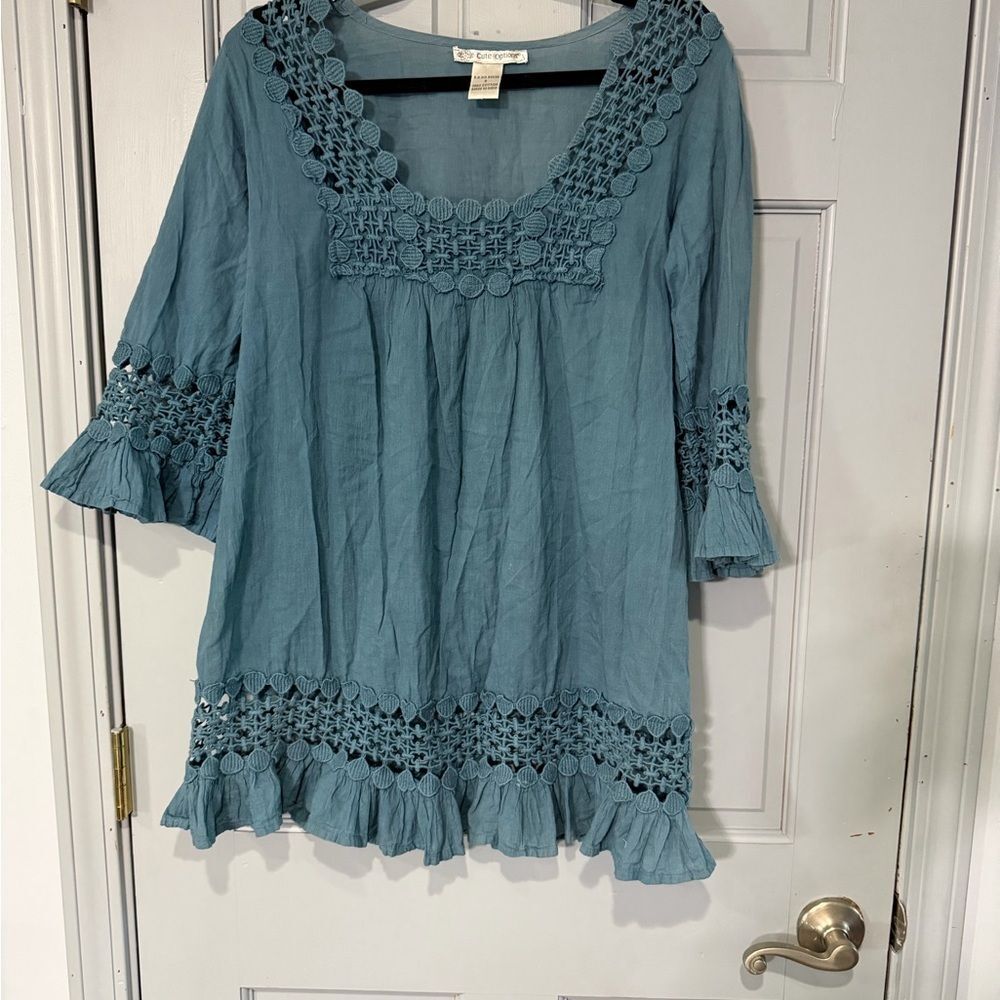Cute Options Boho trim tunic Women's Blue Blouse